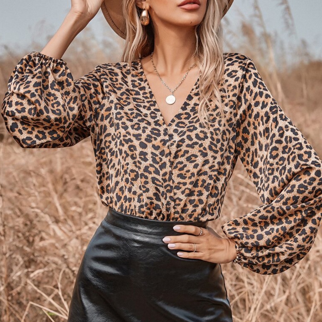 Boho Camel Tan Leopard Print Surplice Long Sleeve Bodysuit